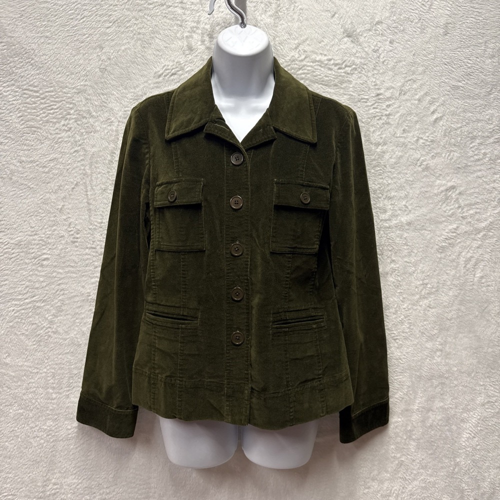 Talbots Velour Utility Jacket Blazer Women Sz 8 Dark Green Pockets Career Casual